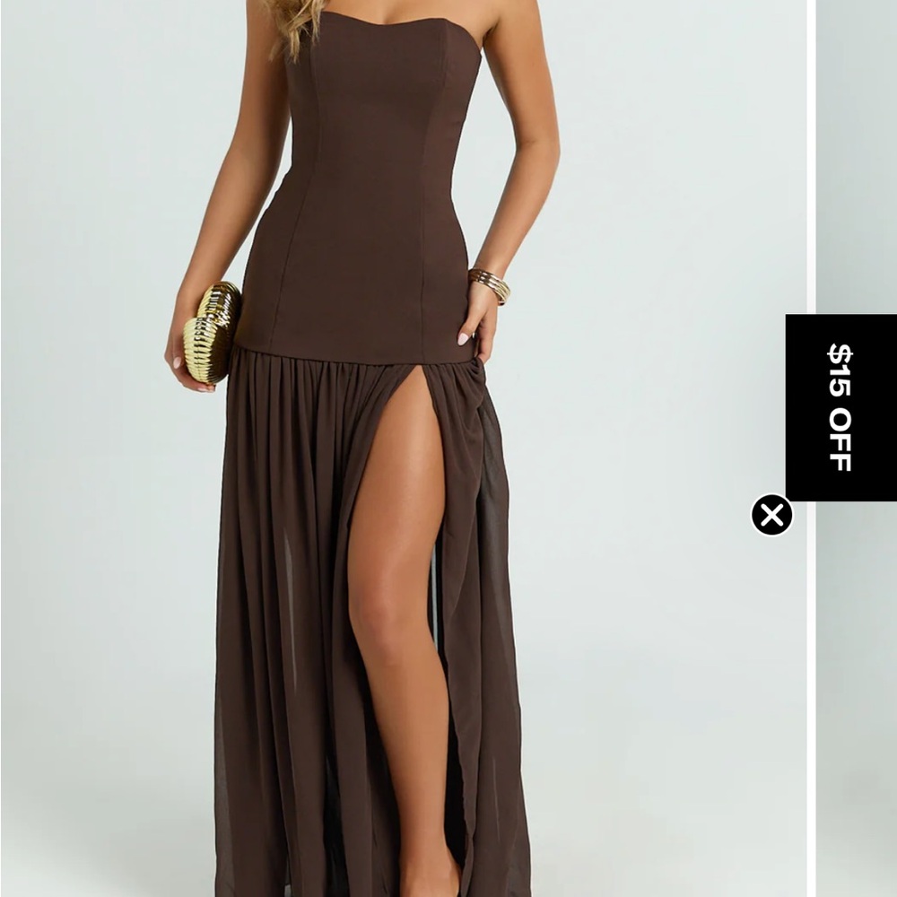 Strapless Brown Maxi Dress with High Slit